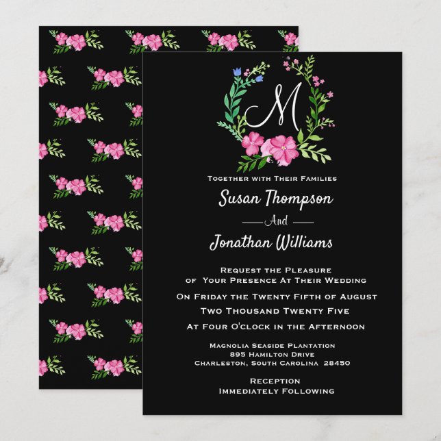 Invitation Élégant Monogramme Floral sur Mariage noir (Devant / Derrière)