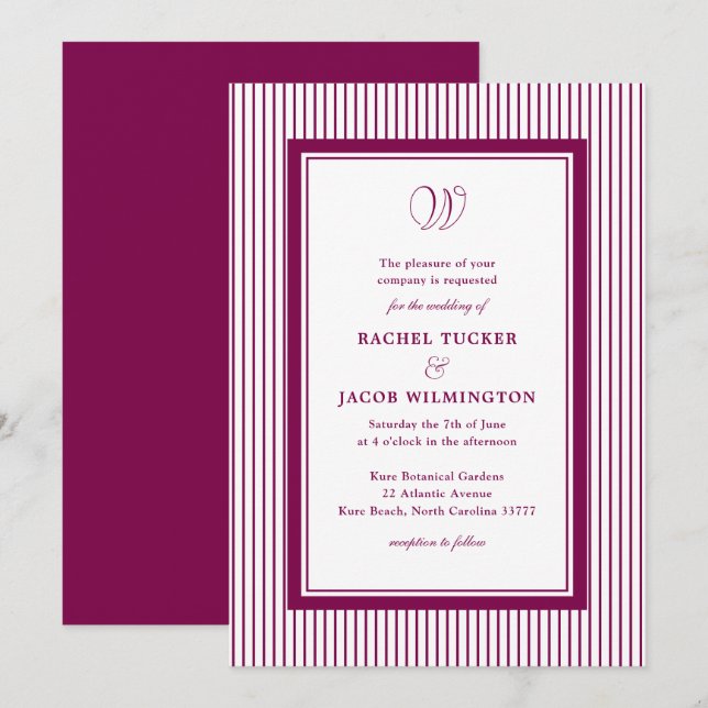 Invitation Élégant Monogramme Forêt Rouge à Rayures Mariage (Devant / Derrière)