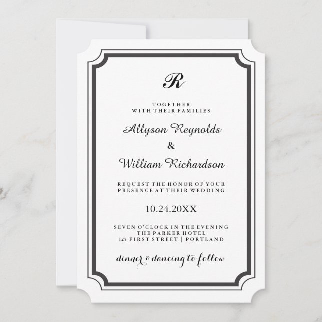 Invitation Élégant Monogramme Formal Mariage noir et blanc (Devant)