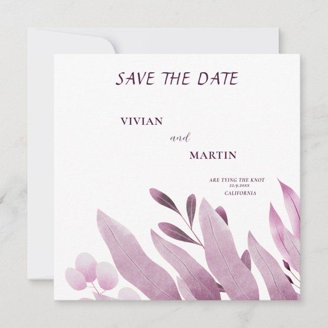 Invitation Élégant Monogramme Grandes Feuilles Bourgogne Save (Devant)