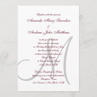 Invitation Élégant Monogramme Gris Bourgogne Mariage officiel