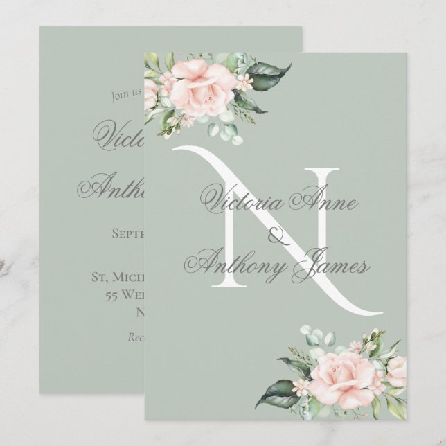 Invitation Élégant Monogramme initial Floral Sage Mariage ver (Devant / Derrière)