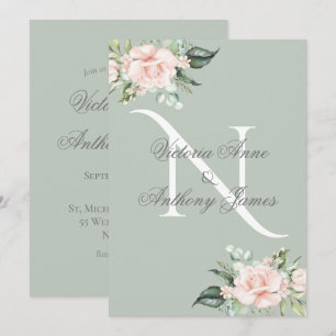 Invitation Élégant Monogramme initial Floral Sage Mariage ver