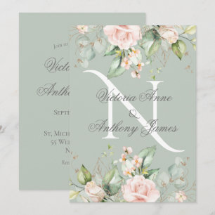 Invitation Élégant Monogramme initial Floral Sage Mariage ver