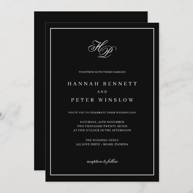 Invitation Élégant Monogramme Initiales Black Frame Mariage (Devant / Derrière)