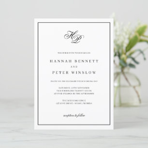 Invitation Élégant Monogramme Initiales Black Frame Mariage