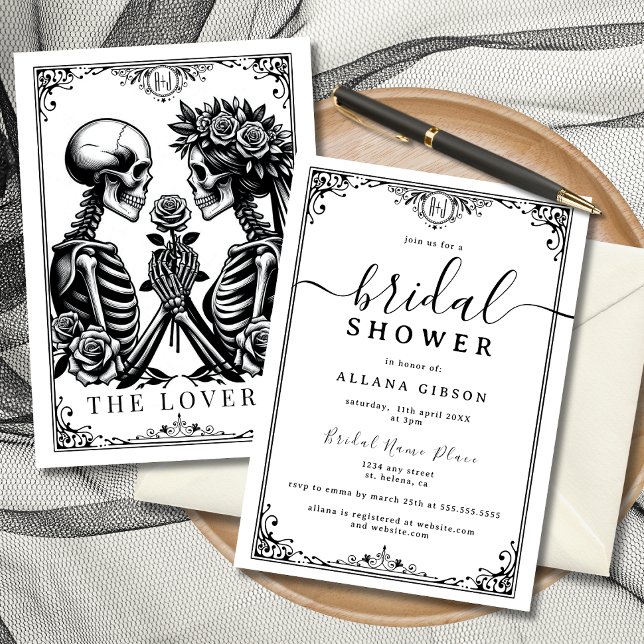 Invitation Élégant Monogramme Jusqu'à la mort Do Us Part Taro (Elegant tarot-inspired bridal shower invitations featuring skeleton lovers.)
