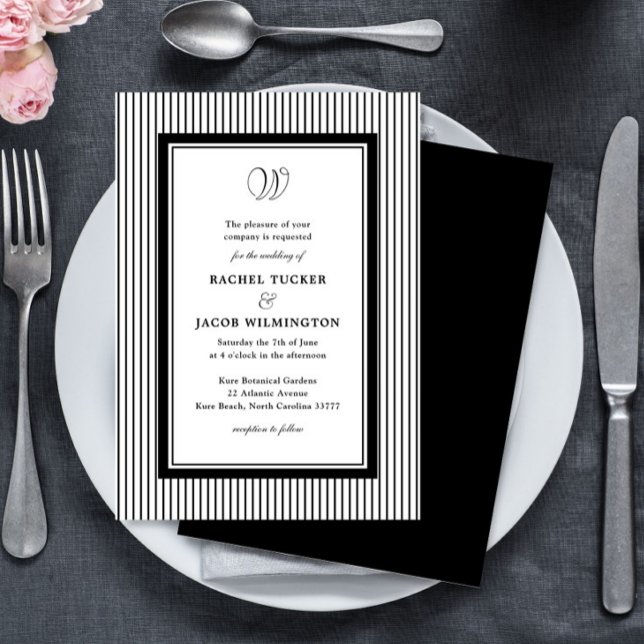 Invitation Élégant Monogramme Mariage Rayé Noir et Blanc (Créateur téléchargé)