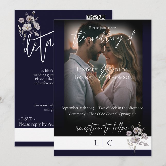 Invitation Élégant monogramme minimaliste marine sombre calli (Devant / Derrière)