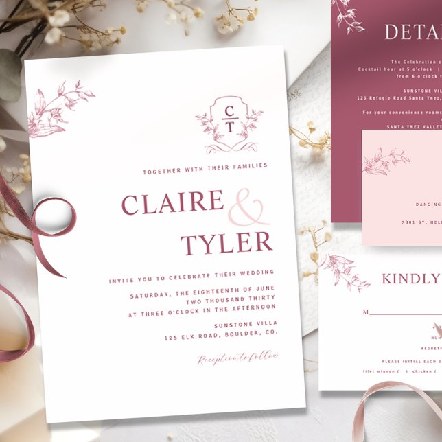 Invitation Élégant Monogramme Moderne Bourgogne, Mariage rose (Créateur téléchargé)