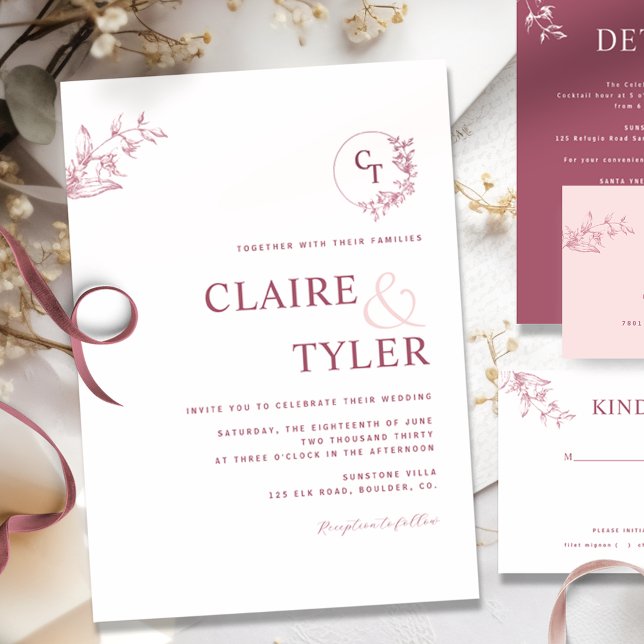 Invitation Élégant Monogramme moderne rose, Mariage Bourgogne (Créateur téléchargé)