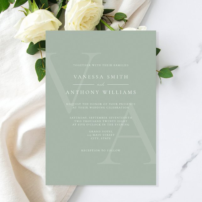 Invitation Élégant Monogramme moderne Sage Mariage vert (Créateur téléchargé)