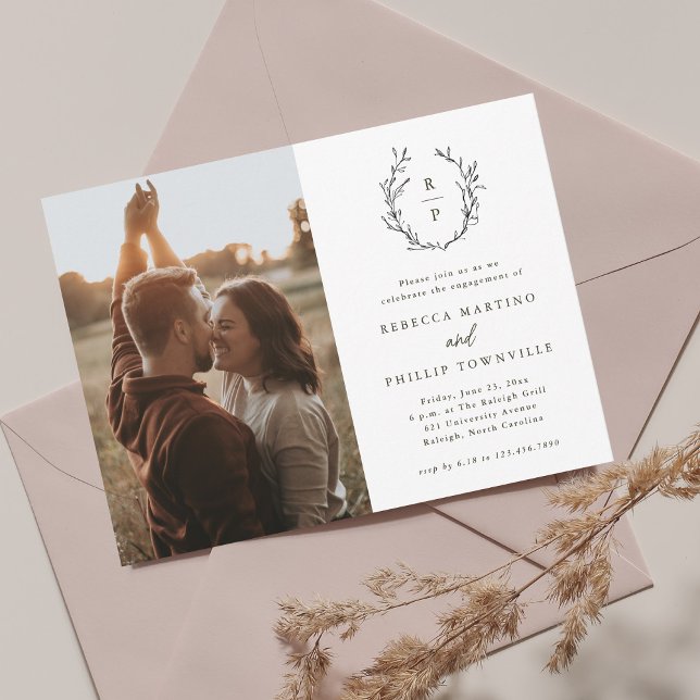 Invitation Élégant Monogramme noir et blanc Fiançailles photo (Créateur téléchargé)