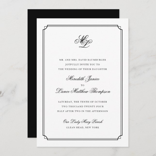 Invitation Élégant Monogramme noir et blanc Mariage de script (Devant / Derrière)