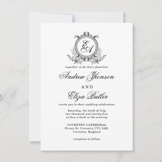 Invitation Élégant Monogramme noir et blanc Vintage (Devant)