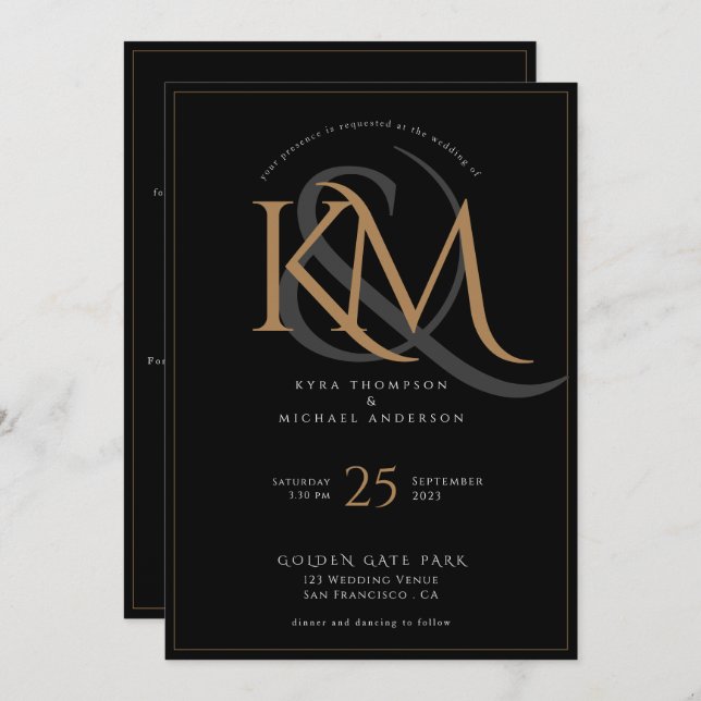Invitation Élégant Monogramme noir et or tout en un Mariage (Devant / Derrière)