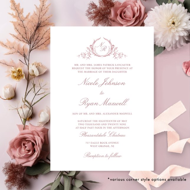 Invitation Élégant Monogramme officiel Dusty Rose Mariage (Créateur téléchargé)