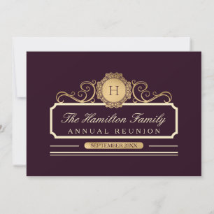 Invitation Élégant Monogramme Or Bourgogne Famille Réunion