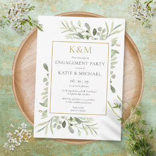 Invitation Elégant Monogramme Or Green Engagement Party