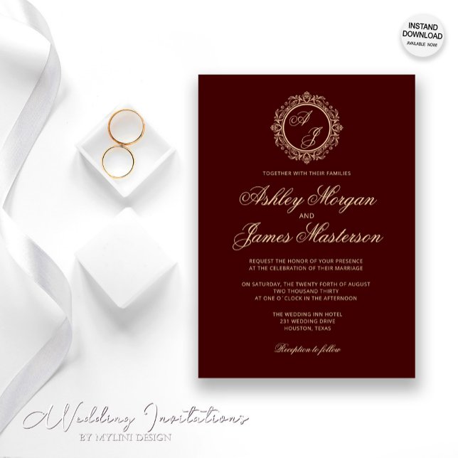 Invitation Élégant Monogramme Or Luxe Mariage Bourgogne (Créateur téléchargé)