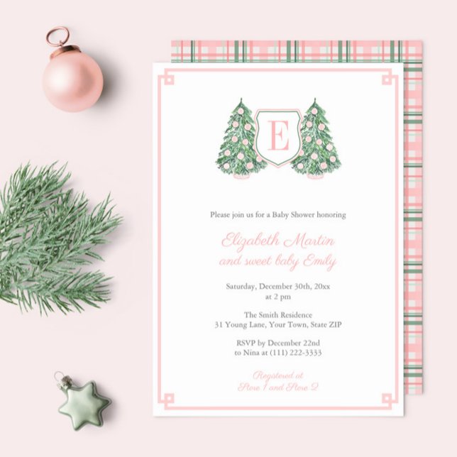 Invitation Élégant Monogramme rose Noël bébé fille douche (Elegant Pink Green Chinoiserie Christmas Monogram Baby Shower Invitations to welcome a little girl)