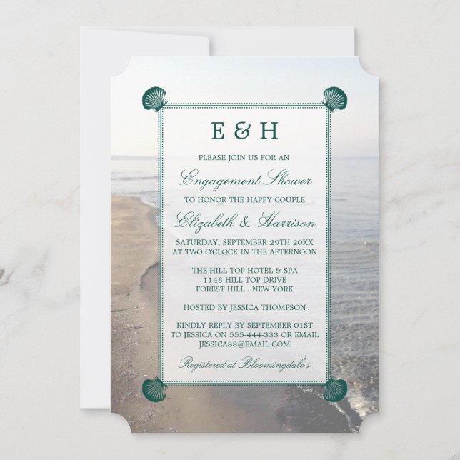 Invitation Élégant Monogramme Turquoise Fiançailles de plage  (Devant)