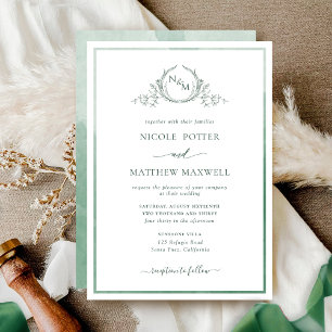 Invitation Elégant Monogramme Vert Aquarelle Mariage Invitati