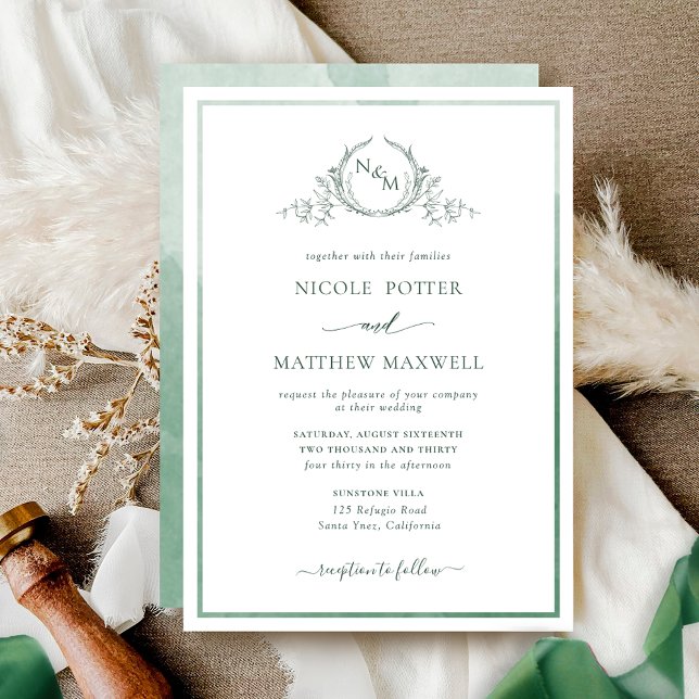 Invitation Elégant Monogramme Vert Aquarelle Mariage Invitati (Créateur téléchargé)