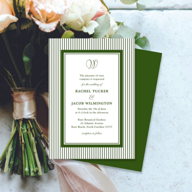 Invitation Élégant Monogramme Vert Forêt Rayé Mariage (Créateur téléchargé)