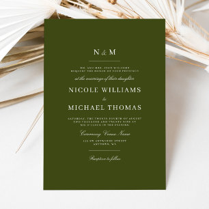 Invitation Élégant Monogramme Vert Olive Mariage Classique