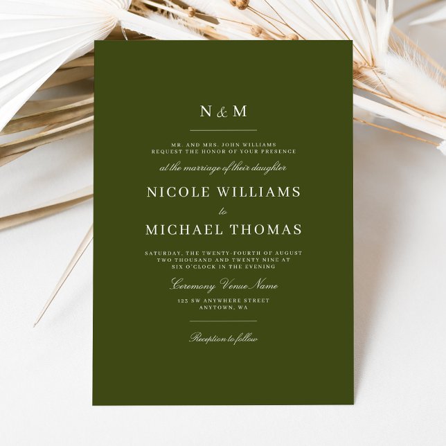 Invitation Élégant Monogramme Vert Olive Mariage Classique (Créateur téléchargé)