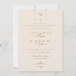 Invitation Élégant Monogramme Vintage Or et Mariage blanc