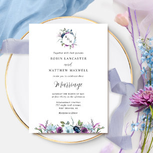 Invitation Élégant Monogramme violet et Mariage bleu