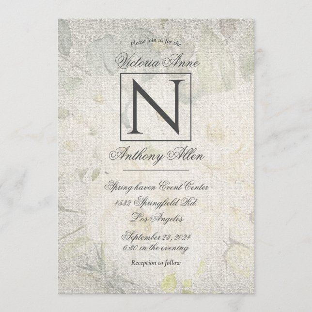 Invitation Elégant Monogrm Floral Aquarelle Rustique Mariage  (Devant)