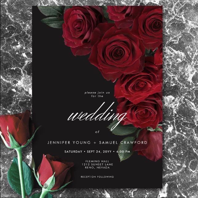Invitation Élégant Moody Blood Red Roses Floral Mariage (Elegant Moody Blood Roses Floral Wedding Invitation)