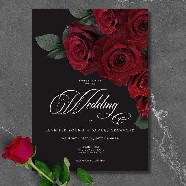 Invitation Élégant Moody Blood Red Roses Floral Mariage (Elegant Moody Blood Red Roses Floral Wedding Invitation)