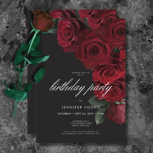 Invitation Elégant Moody Blood Roses Floral Anniversaire (Elegant Moody Blood Roses Floral Birthday Invitation)