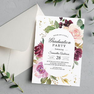 Invitation Élégant Moody Bourgogne Floral Graduation Party