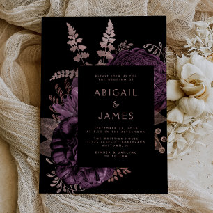 Invitation Élégant Moody Dark Floral Purple Rose Mariage or