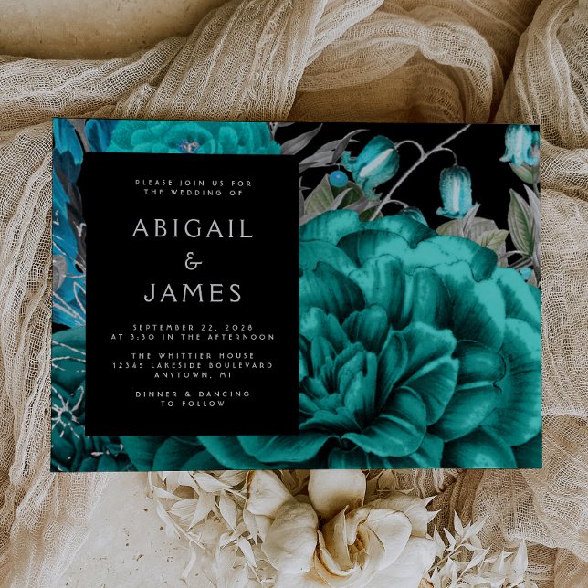 Invitation Élégant Moody Dark Floral Turquoise Mariage argent (The perfect choice for a romantic turquoise and silver themed wedding.)