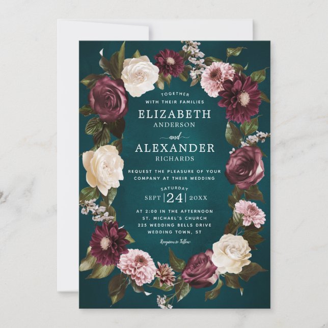 Invitation Élégant Moody foncé Floral Turquoise Mariage (Devant)