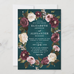 Invitation Élégant Moody foncé Floral Turquoise Mariage