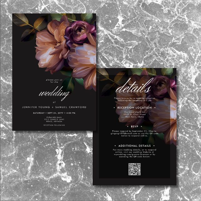Invitation Élégant Moody Noir Floral Deux Côtés (Elegant Black Moody Floral Two Sided Invitation)