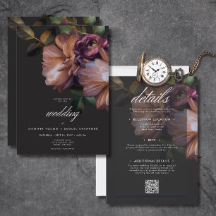 Invitation Élégant Moody Noir Floral Tout en un