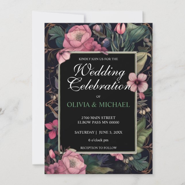 Invitation Élégant moody rétro Mariage à fleurs roses (Devant)