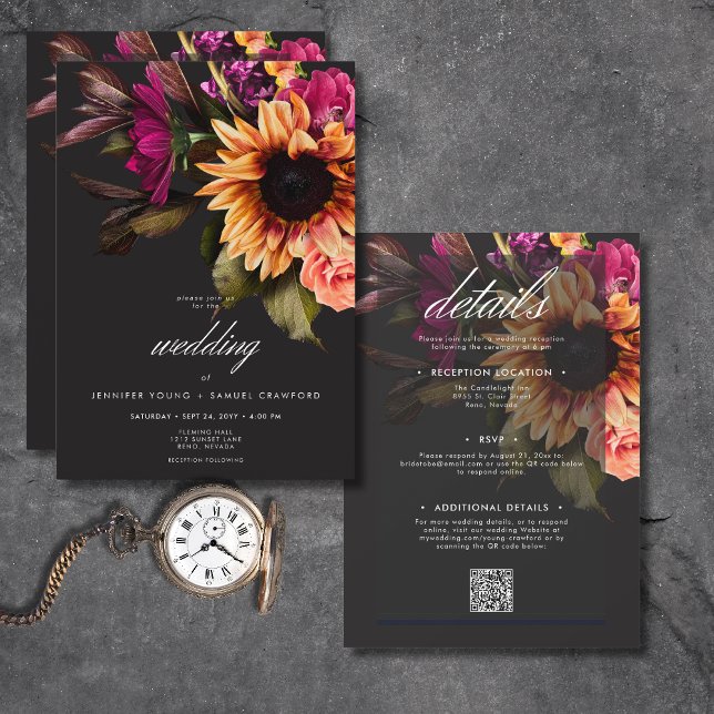 Invitation Élégant Moody Vibrant Sunset Floral Tout en un (Elegant Moody Vibrant Sunset Floral All In One Invitation)
