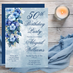 Invitation Elégant Morning Glories Blue Floral 50e anniversai