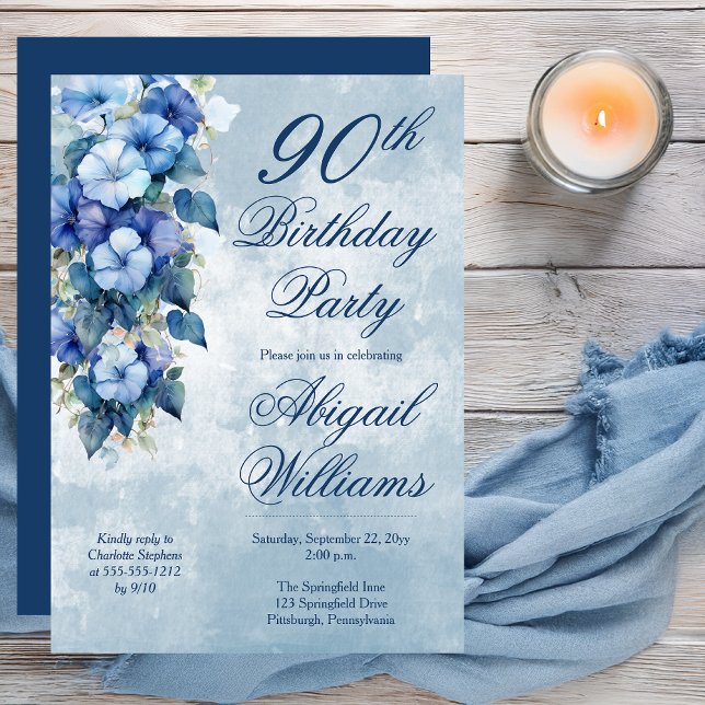 Invitation Elegant Morning Glories Blue Floral 90th Birthday  (Boho Elegant Morning Glories Blue Floral 90th Birthday Party Invitation - Print | Digital Download)