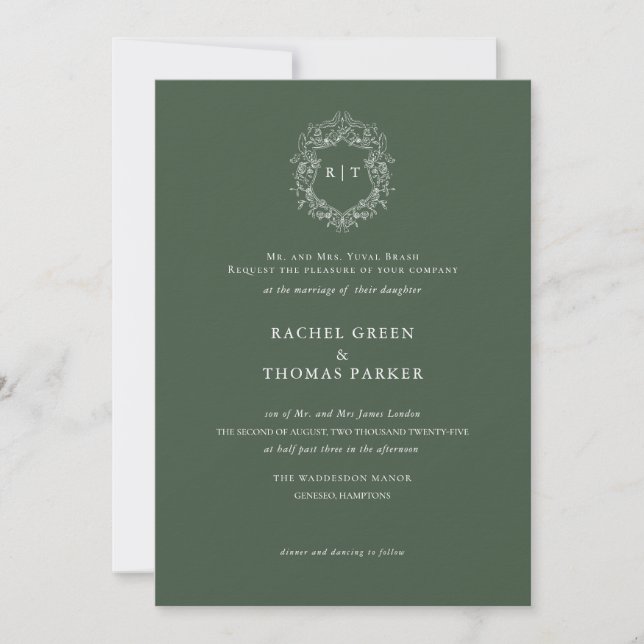 Invitation Élégant Moss Green Crest Monogram Mariage (Devant)