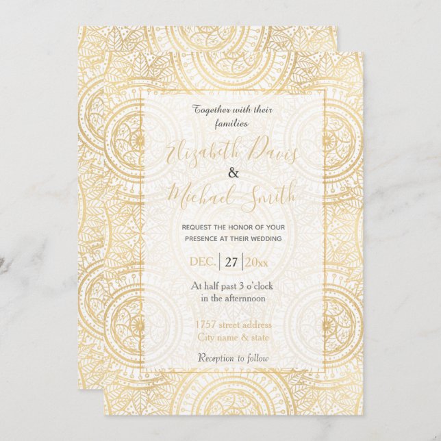 Invitation Élégant Motif blanc de tournesol Mandala Gold (Devant / Derrière)